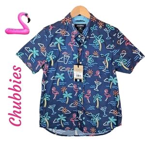 Chubbies Shirt Mens Sz S The One Man Wolf Pack Neon Look Flamingo and Palm Trees